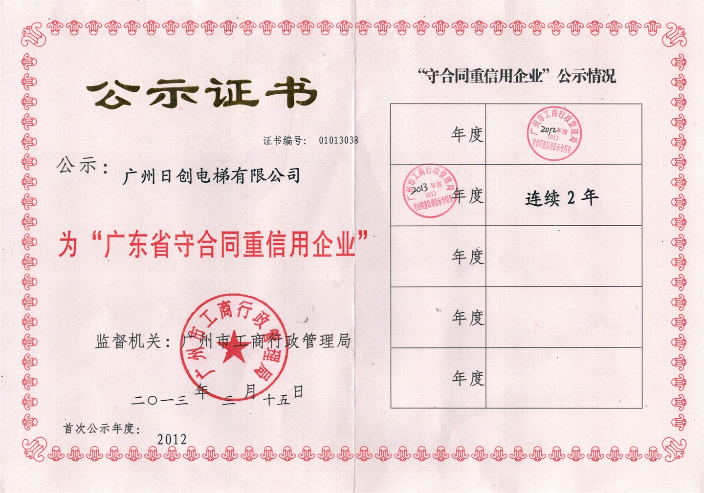 廣東省守合同重信用企業(yè)2013年